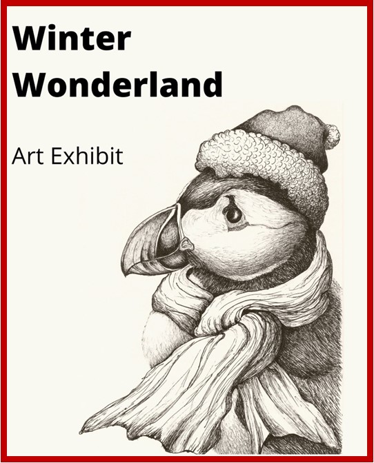 Pencil sketch of a penguin wearing a winter hat and scarf. 