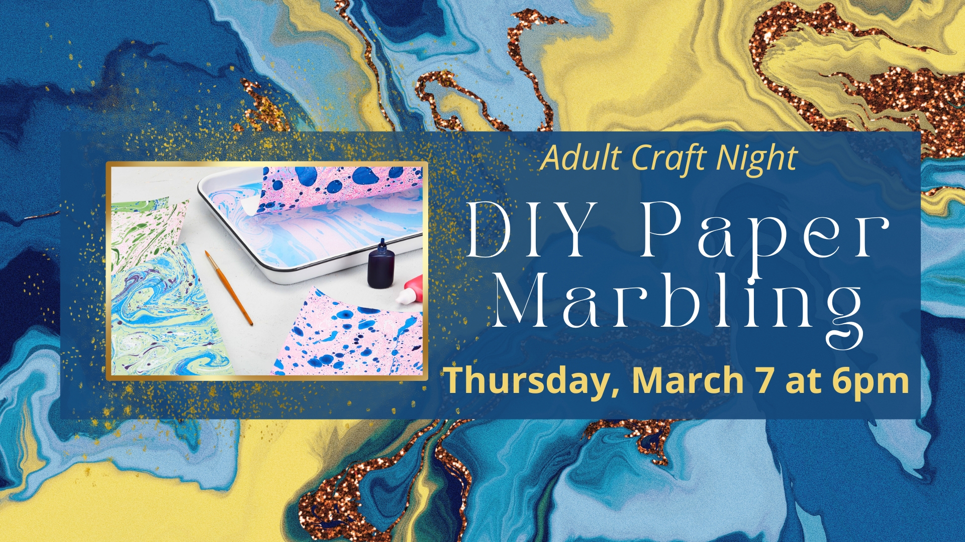 gold and blue swirls with title DIY Paper Marbling