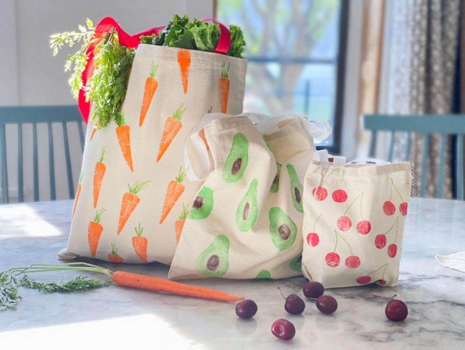 Canvas tote bag with vegetable stamps on it