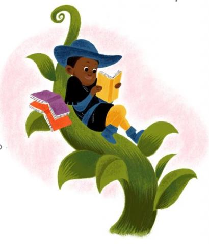 boy reading books on a beanstalk