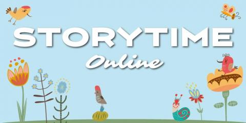 Story Time Online text with cartoon flowers and plants