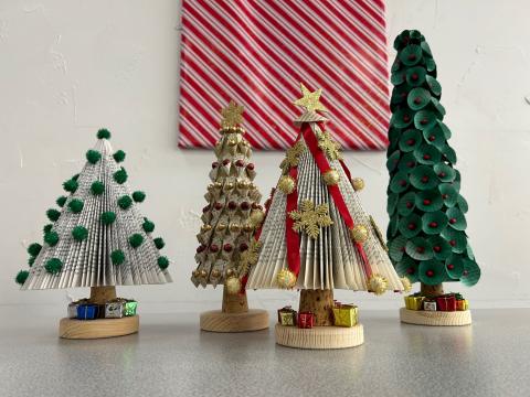 Tabletop Christmas trees made from books