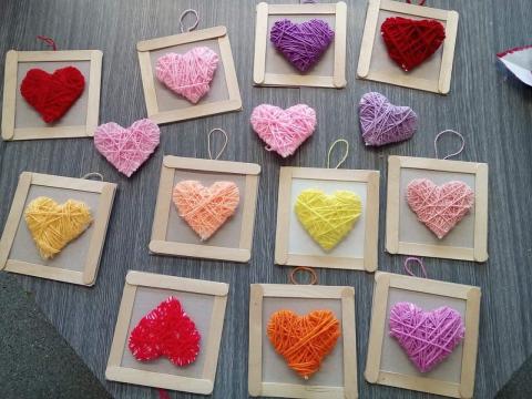 yarn wrapped heart ornaments
