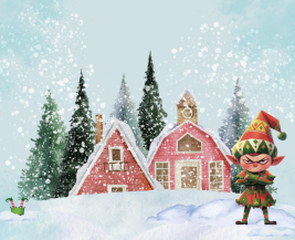 angry holiday elf in front of winter cottage