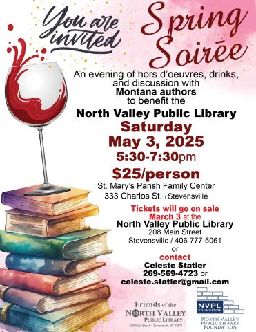 Flyer for Spring Soiree author event with picture of wine and books.