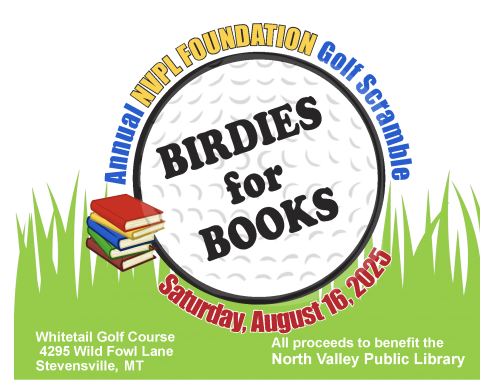 Birdies for books logo with golf ball, grass and books. 