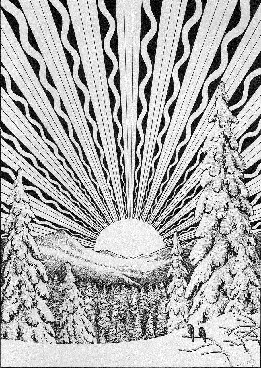 Solstice drawing of winter trees mountains and sun