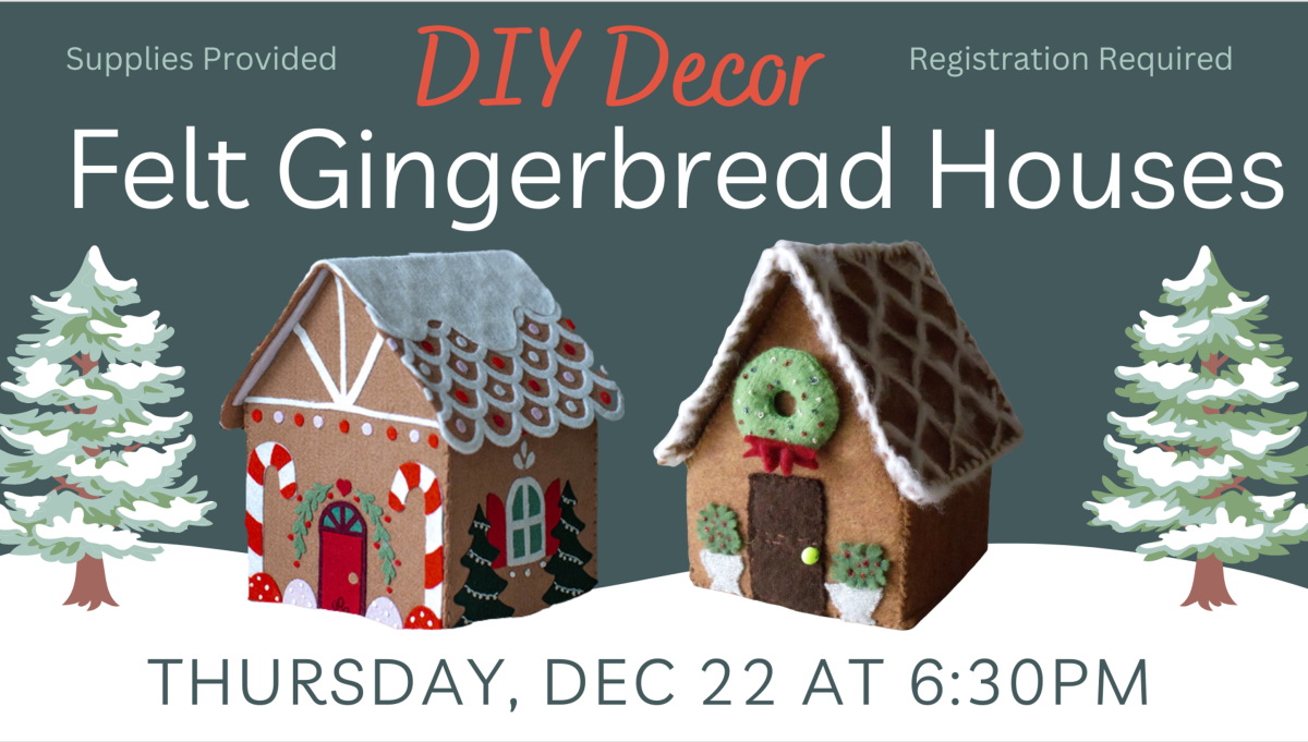 Felt gingerbread houses on green background