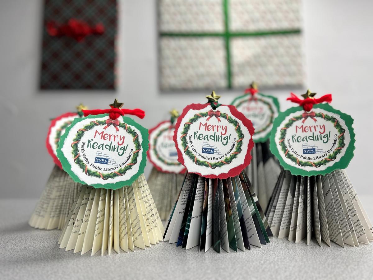 Tabletop Christmas trees made from books