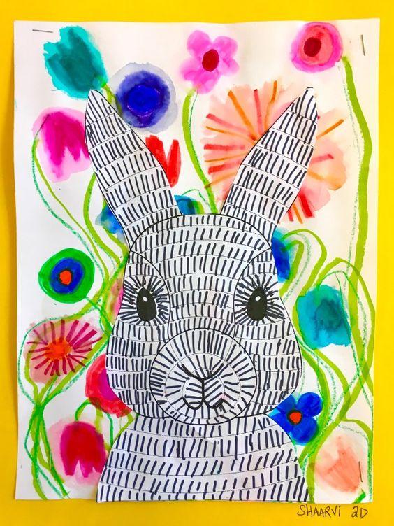 handmade bunny with flowers on cardstock