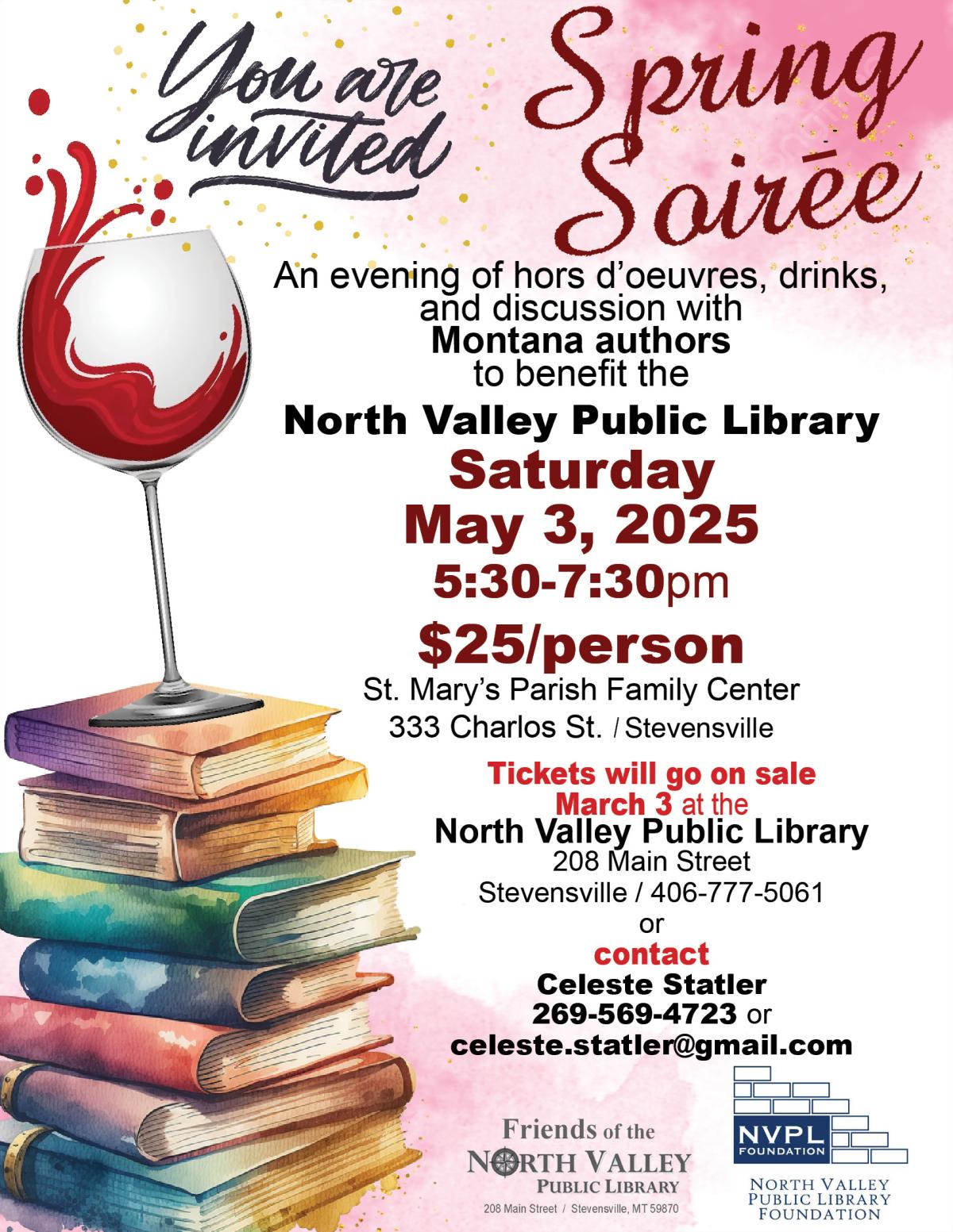 Flyer for Spring Soiree author event with picture of wine and books.
